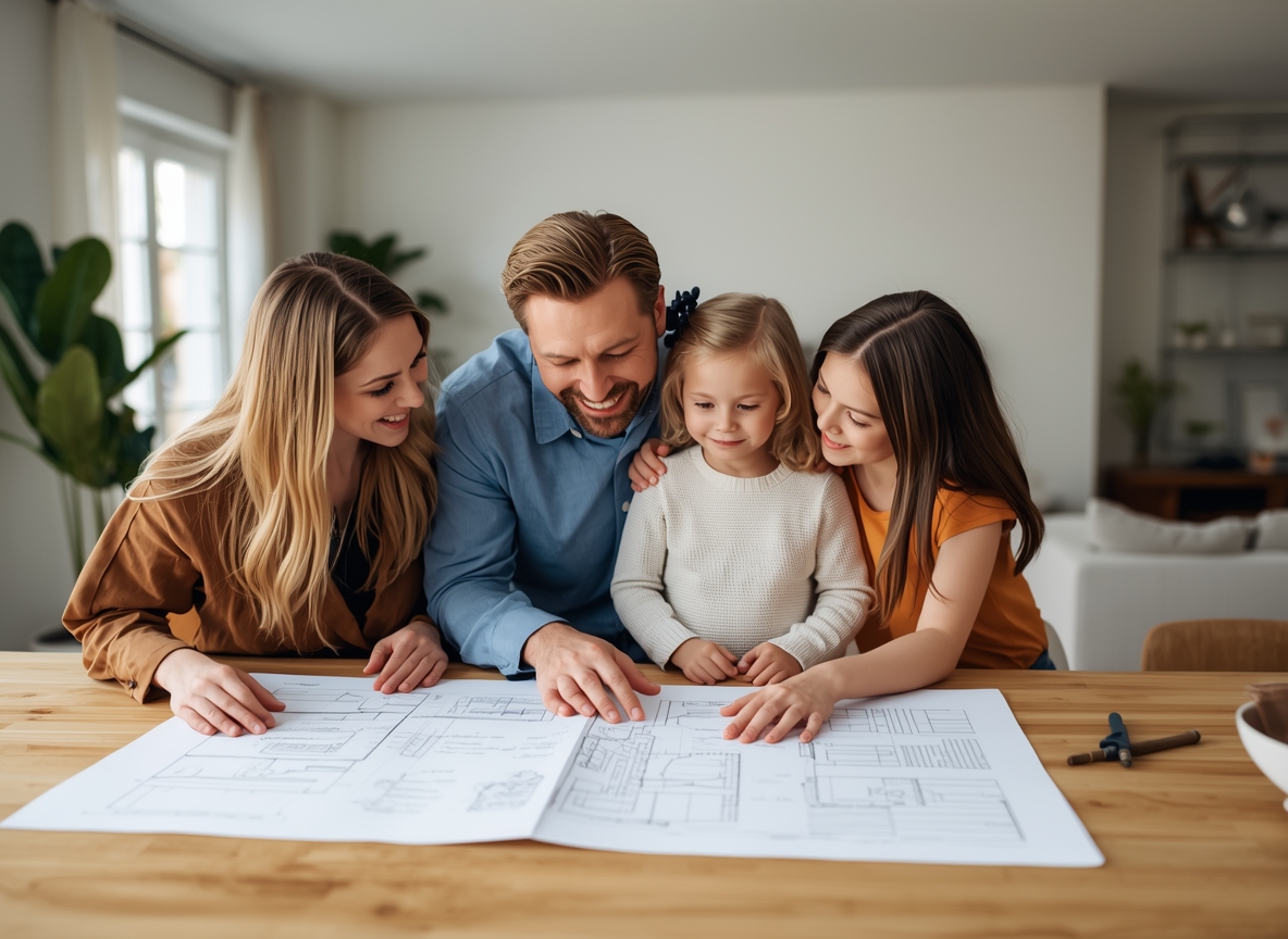 Famiglia felice che guarda la pianta di un appartamento nuovo