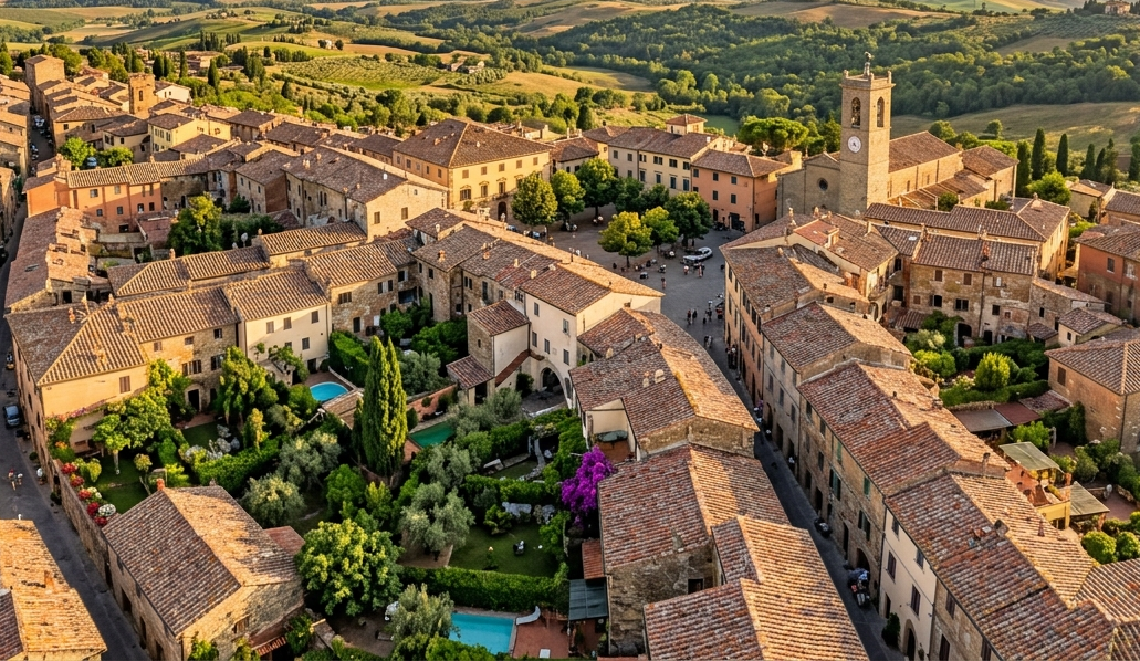 Vista aerea di un quartiere residenziale italiano con tetti in terracotta